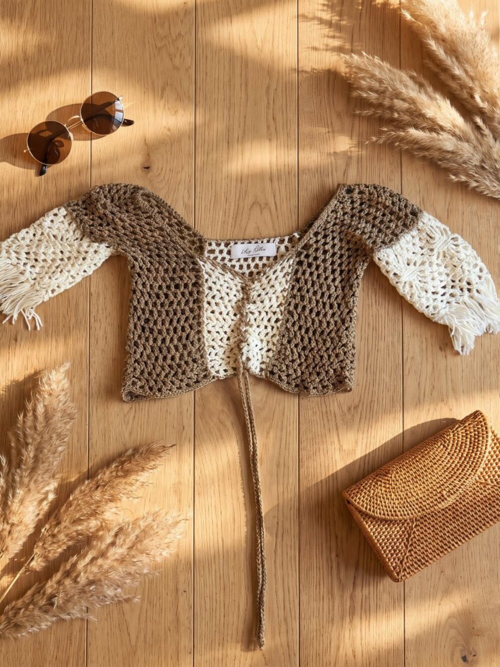 Lubella Brown & Cream Crochet Tie-Front Crop Top M/L